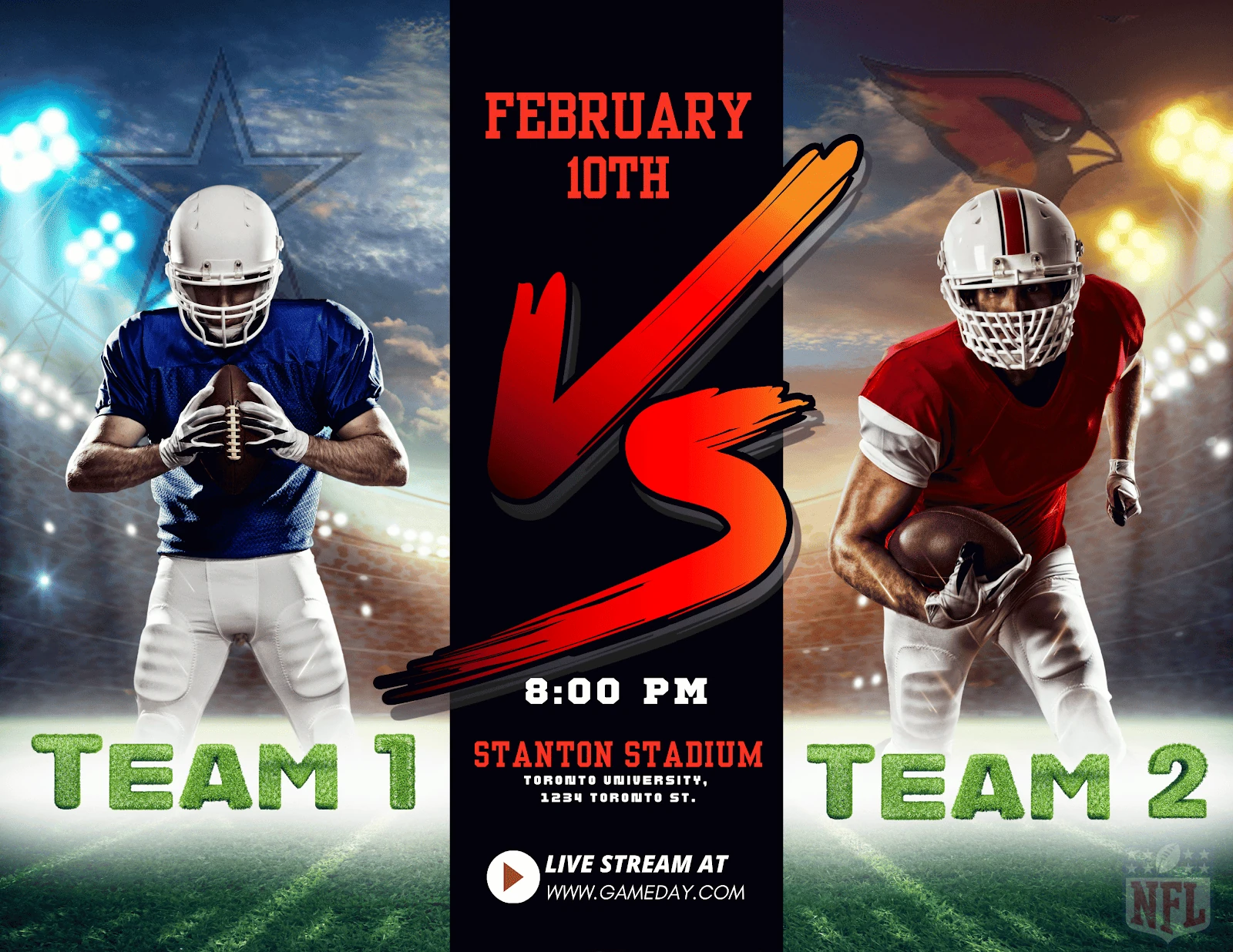 Football game-day flyer with bold graphics and typography