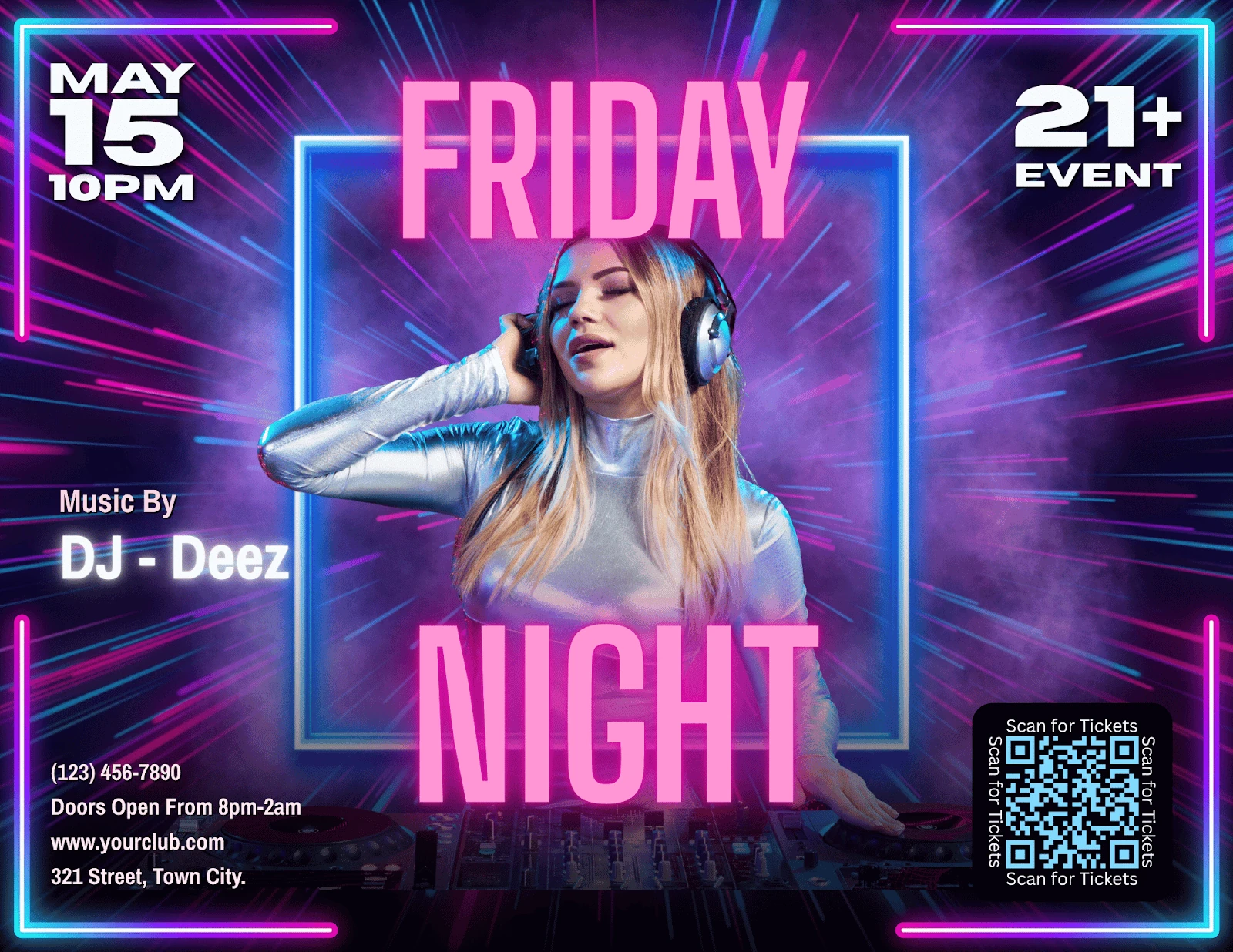 Friday night DJ club event flyer with neon lighting