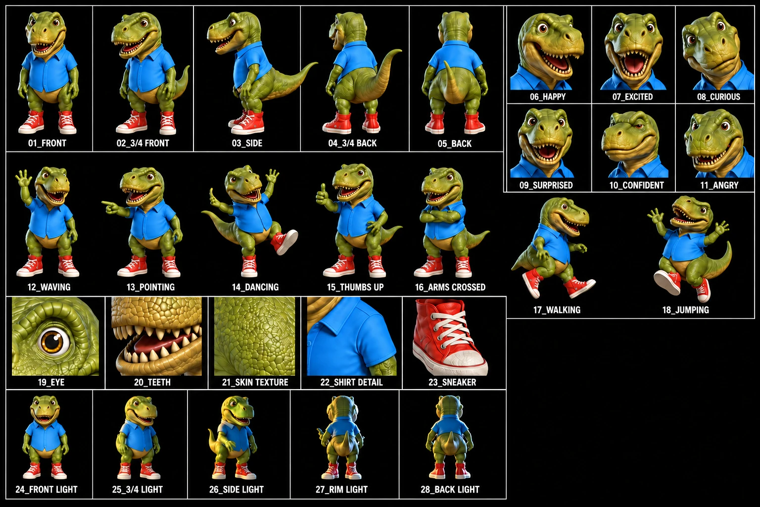 Mascot & Brand Creative — Rex the dino reference sheet