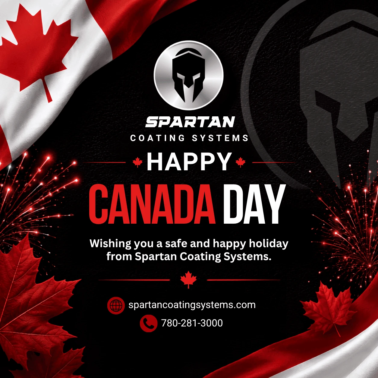 Spartan Coating Systems Happy Canada Day post with maple leaves and fireworks